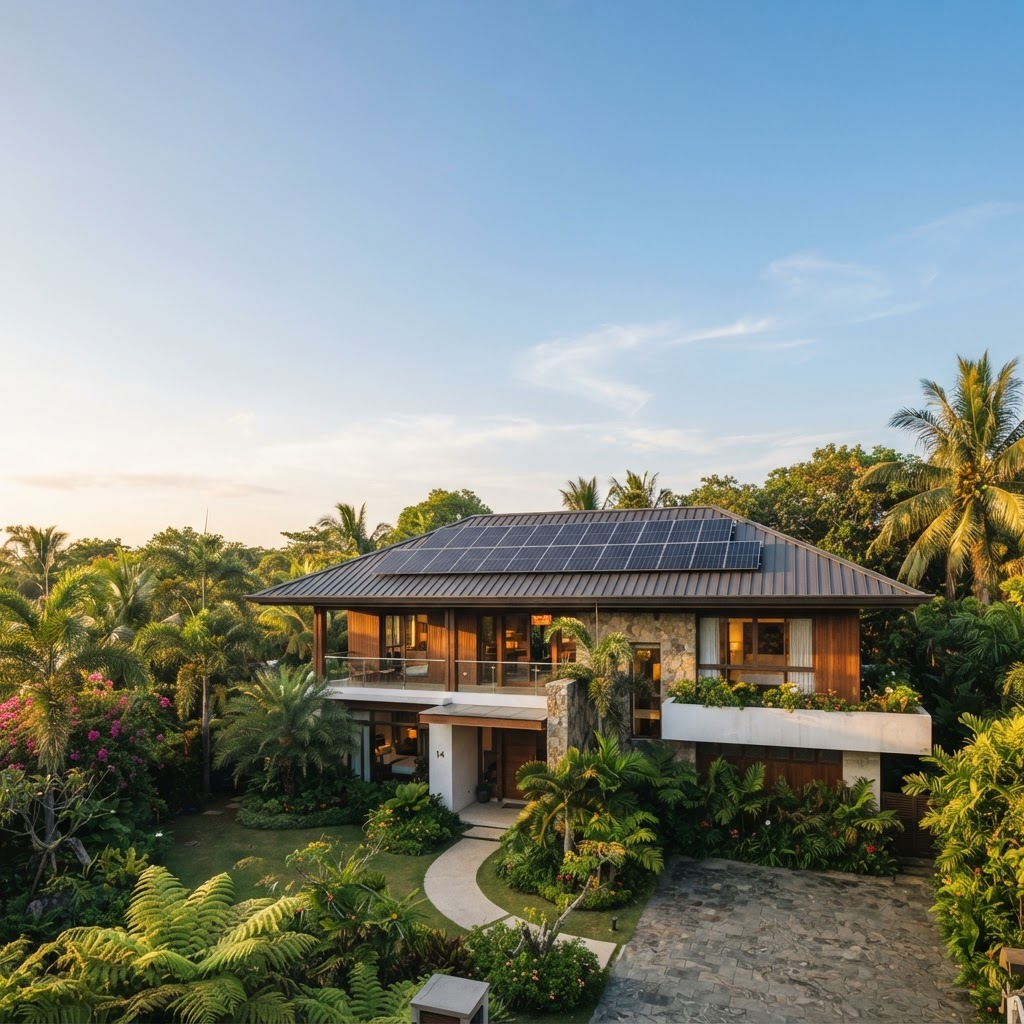 Solar panels on a modern home in warm daylight